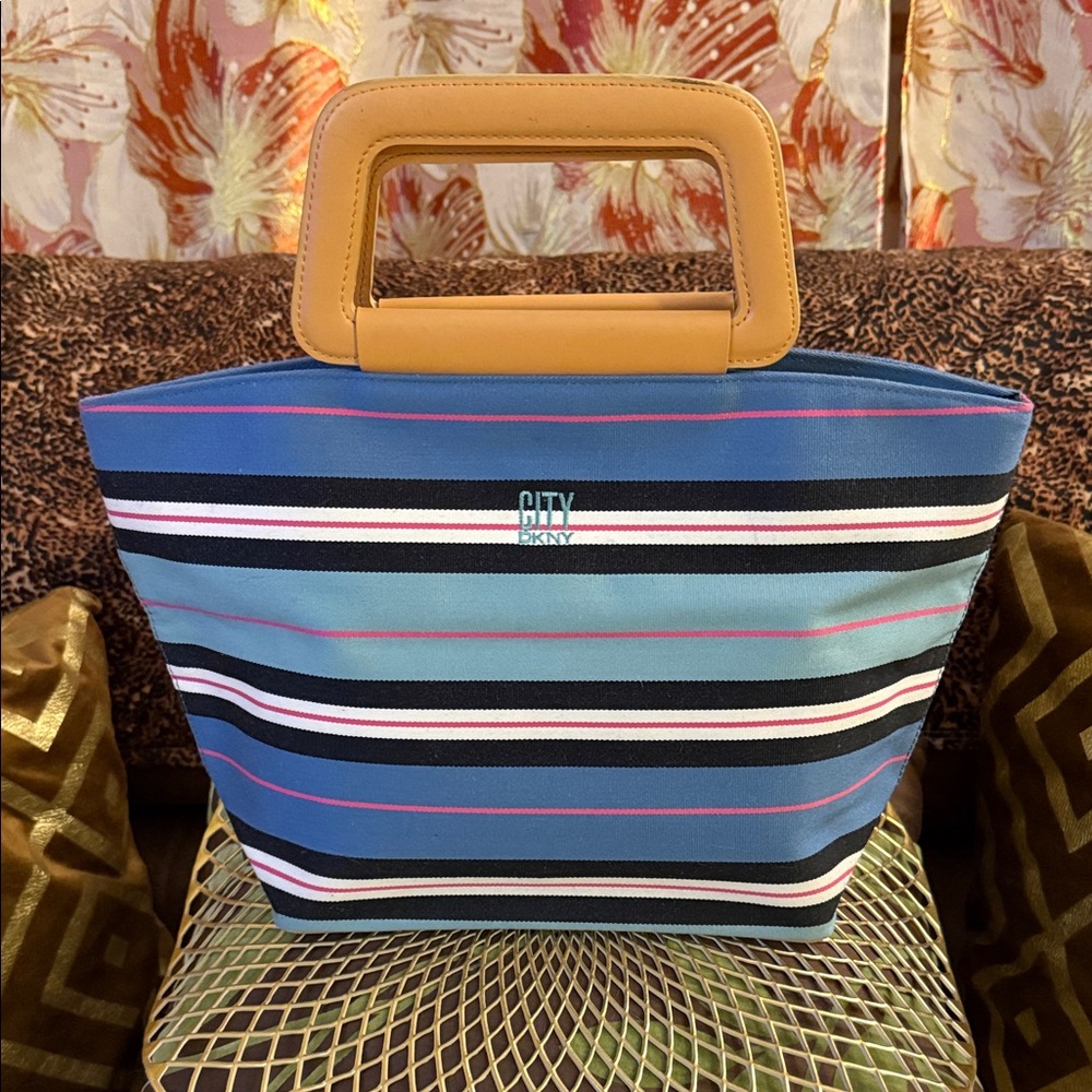 DKNY Blue and Tan Striped Tote